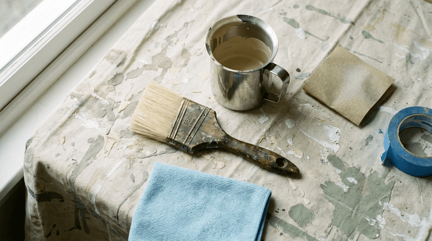 Professional painter's tools on a canvas drop sheet