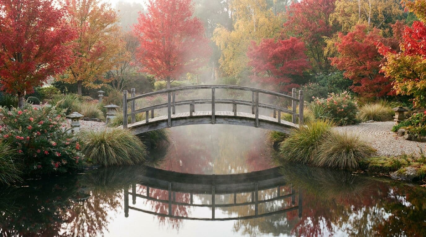 Japanese garden bridge over still pond with autumn maples and morning mist