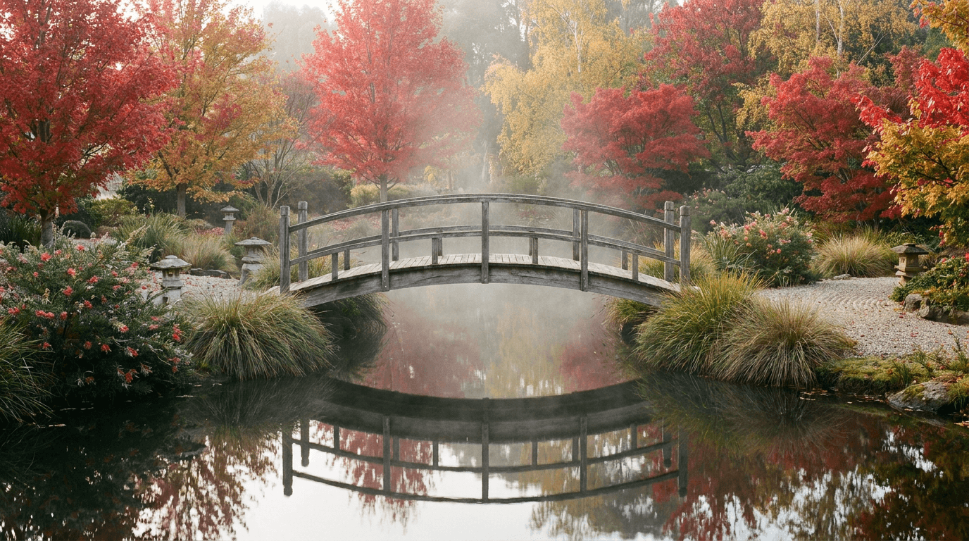 Japanese garden bridge over still pond with autumn maples and morning mist