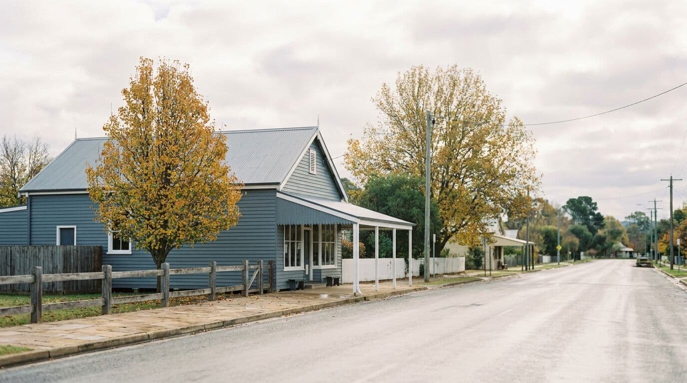 Country village main street with heritage blue-grey general store and ornamental pear