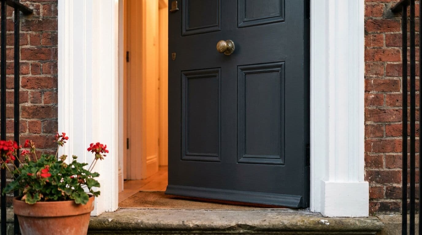 Heritage front door in charcoal with warm interior light