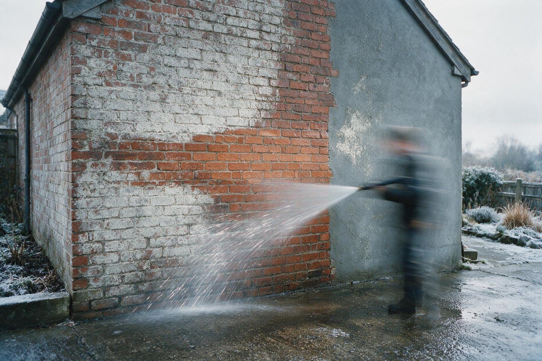 Brick and render gable end being pressure washed, a clean band of brickwork showing against the grime