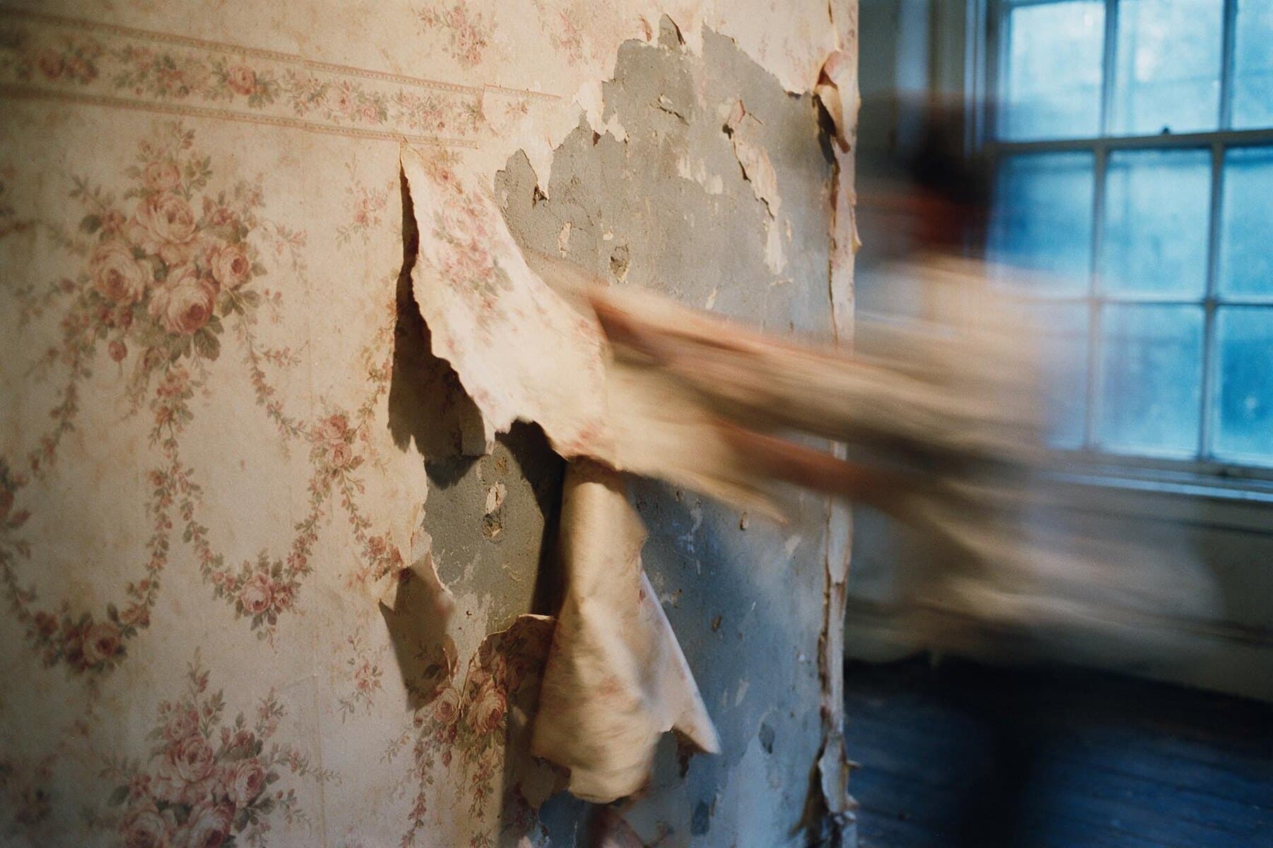 Faded floral wallpaper being stripped away from a sound plaster wall