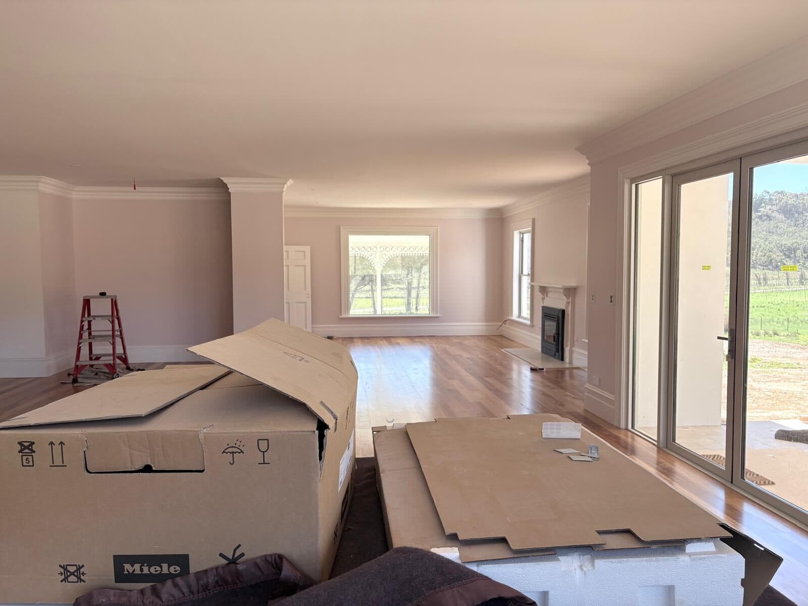 Living room with deep cornices and white walls, sliding doors opening to a rural view, moving boxes still on the floor
