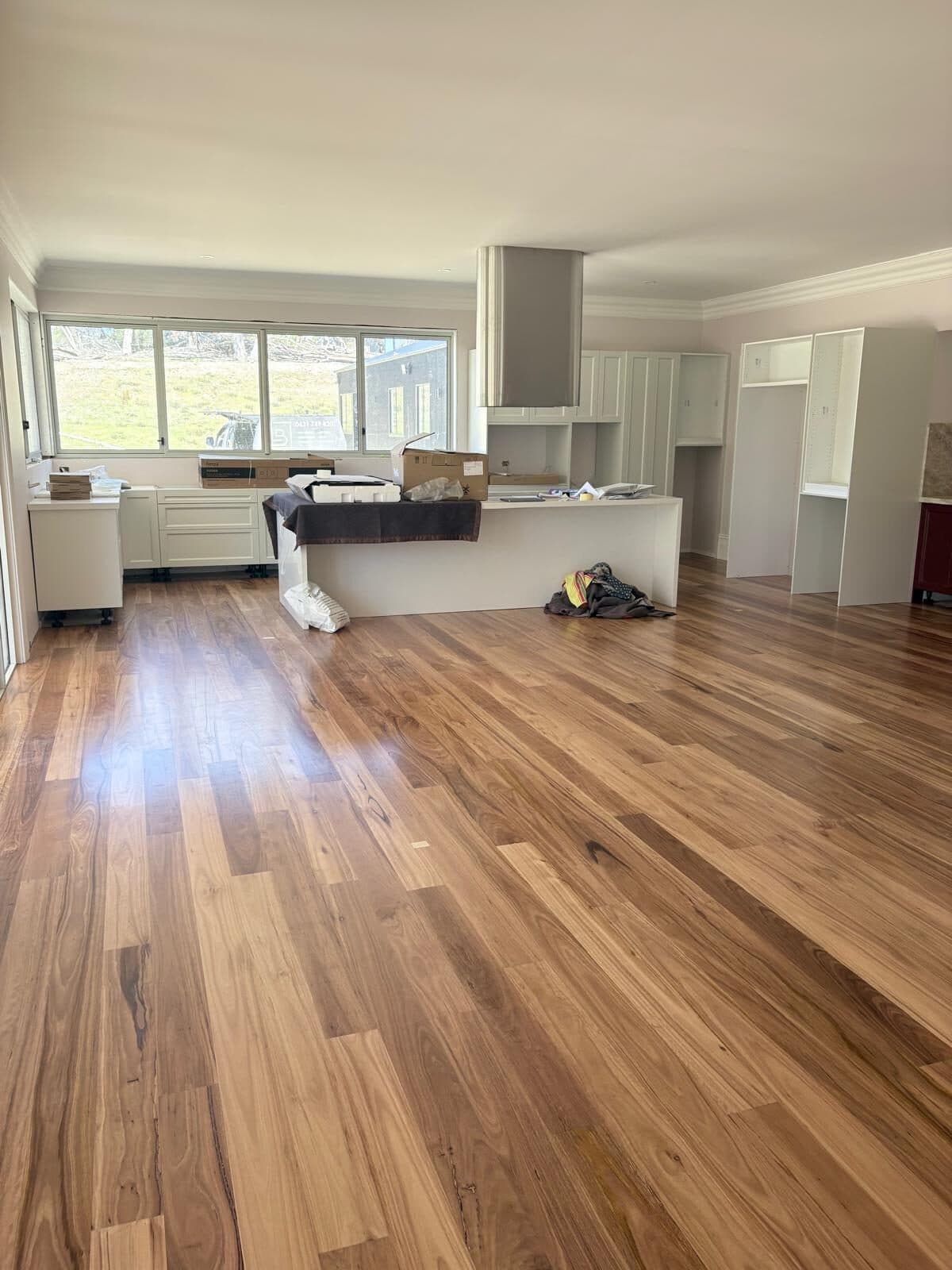 Open plan kitchen and living space with white cabinetry, white walls and ceilings and wide timber floorboards, rural outlook through the windows