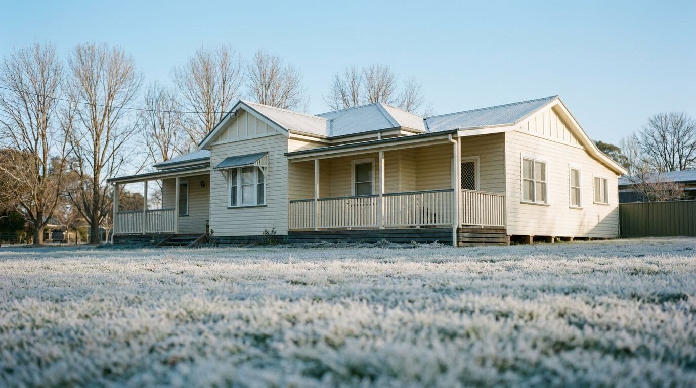 Weatherboard home with frost on front lawn in winter morning