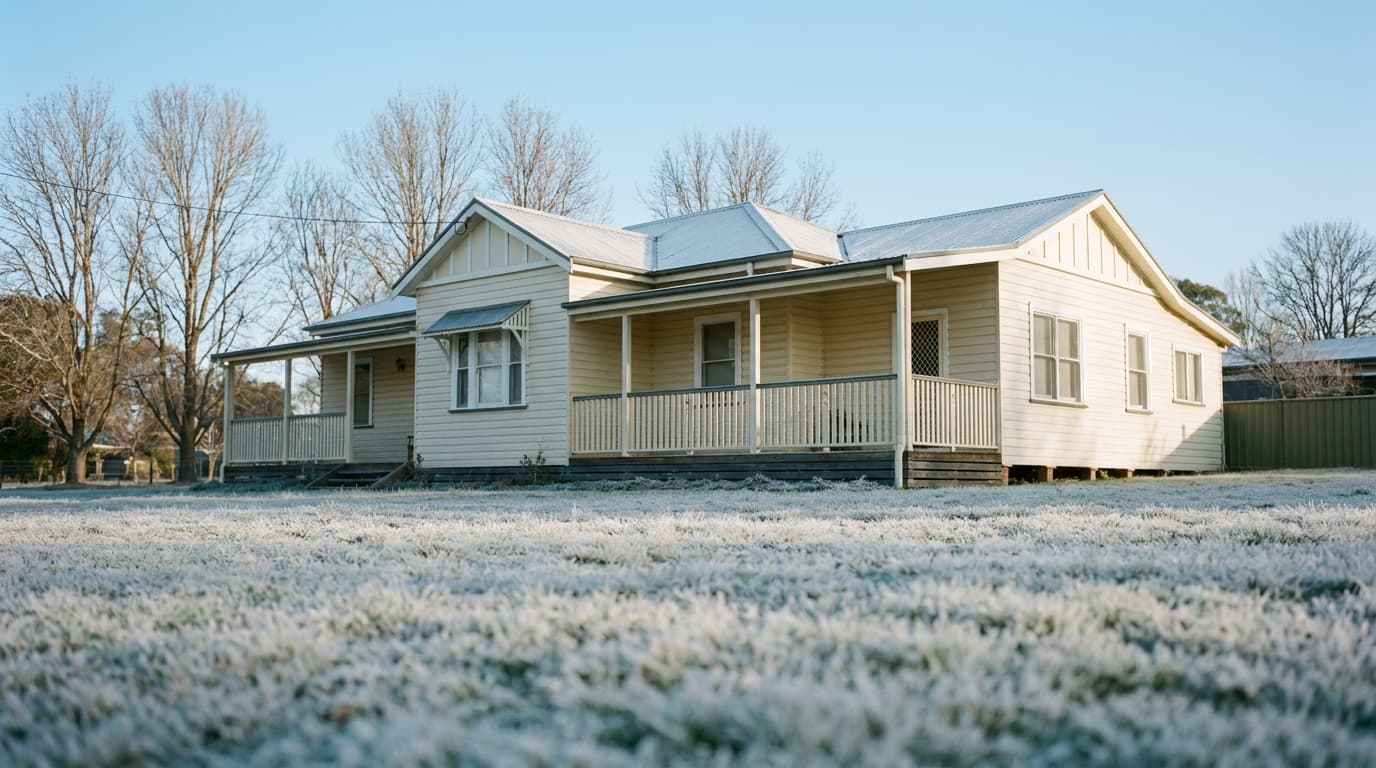 Weatherboard home with frost on front lawn in winter morning