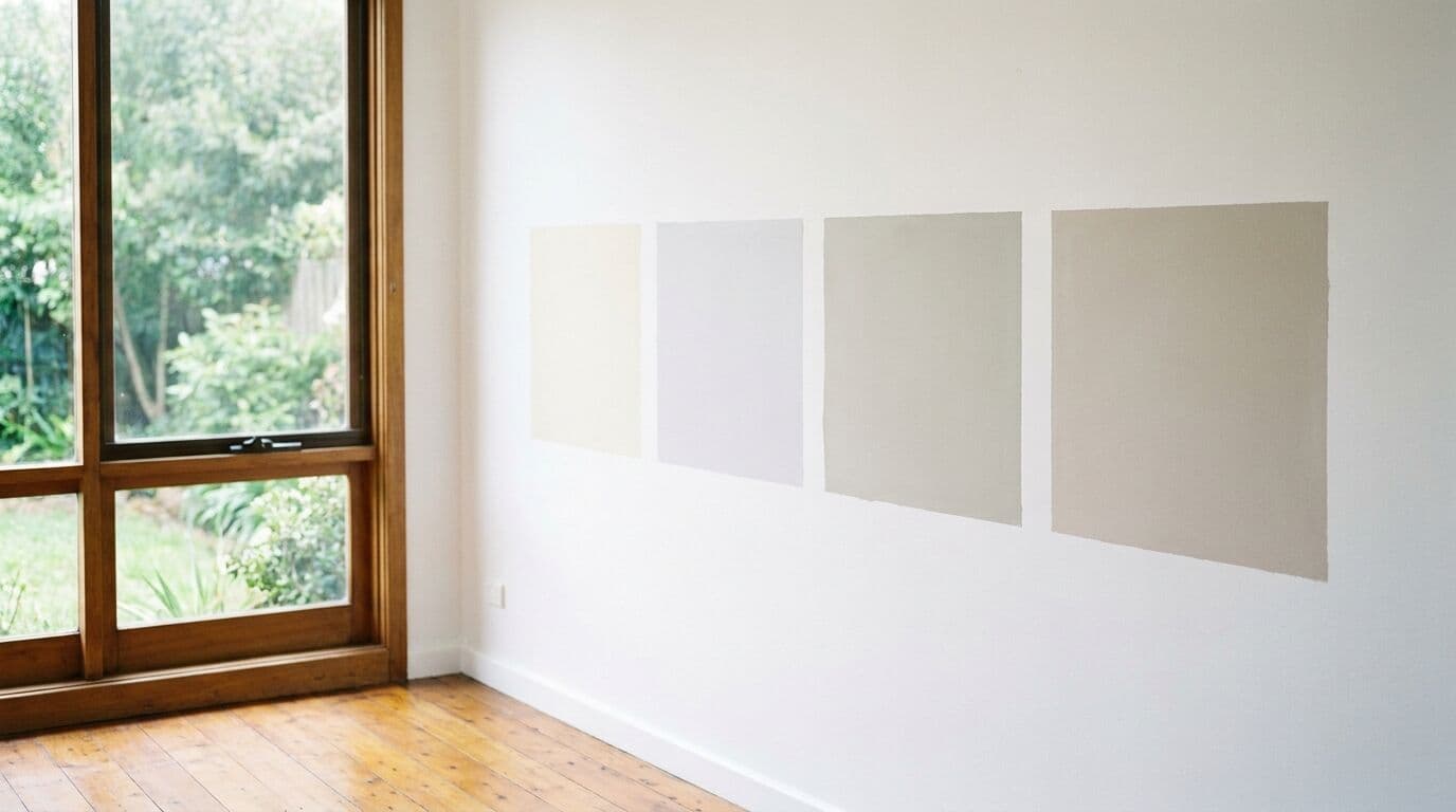 Paint test patches on wall in different neutral tones
