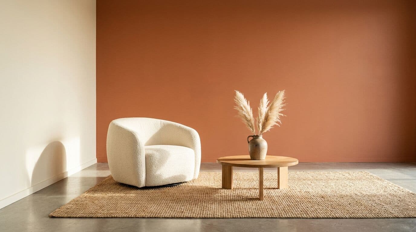 Living room with terracotta feature wall and contemporary styling