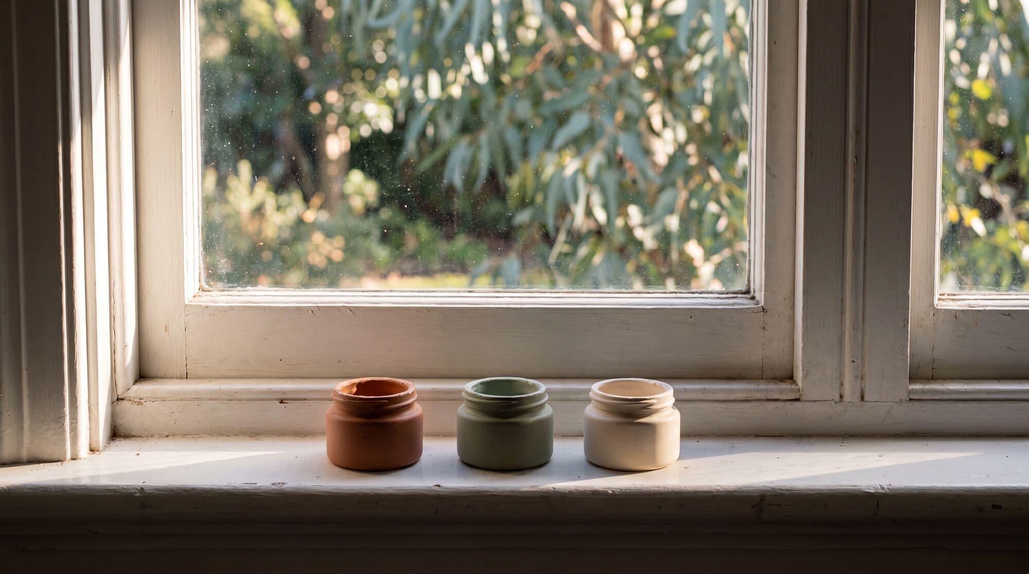 Paint sample pots in heritage tones on a windowsill