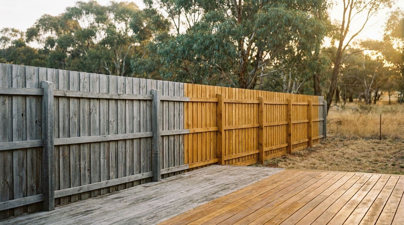 Timber fence showing weathered and freshly stained sections