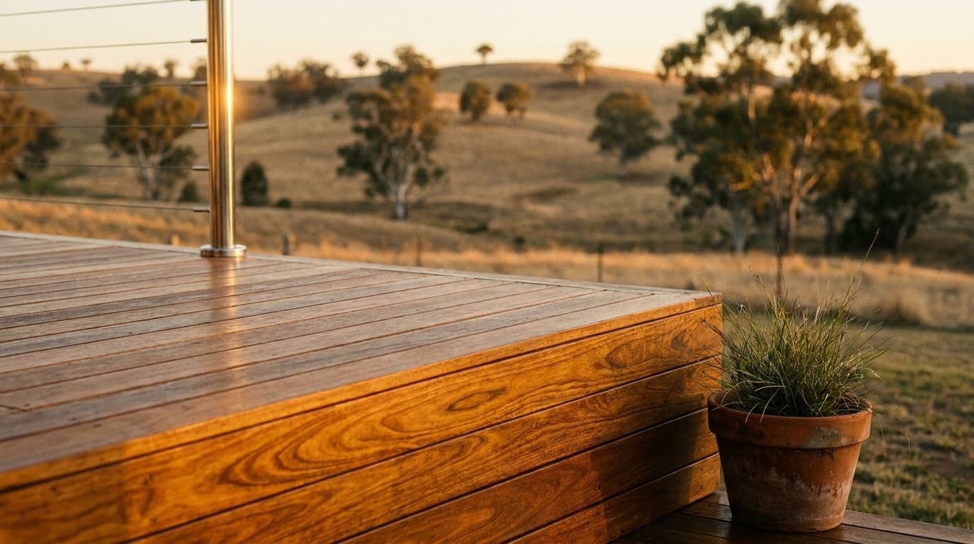 Freshly oiled spotted gum deck overlooking rural Central West hills