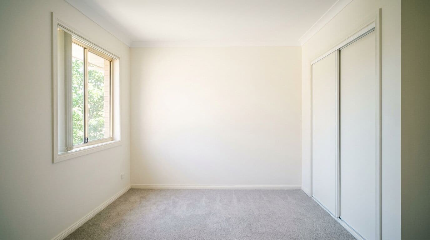 Empty rental bedroom freshly painted in warm white