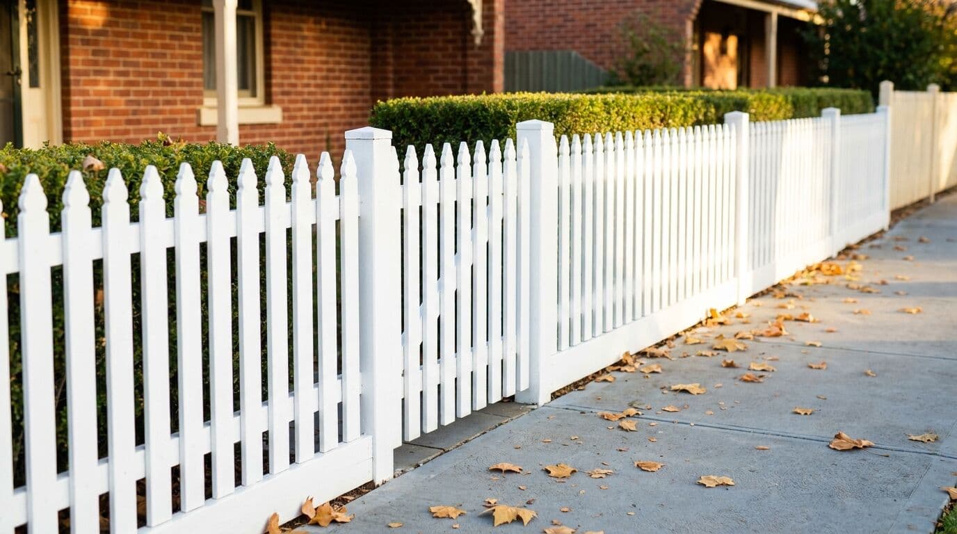 Freshly painted white picket fence with brick cottage behind