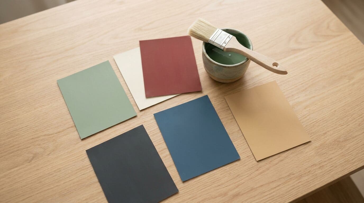 Heritage paint colour sample cards on timber tabletop