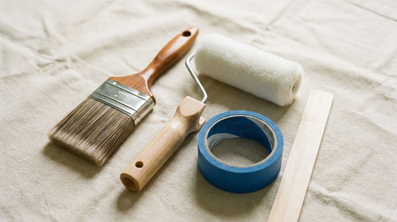 Professional painting tools arranged on drop sheet