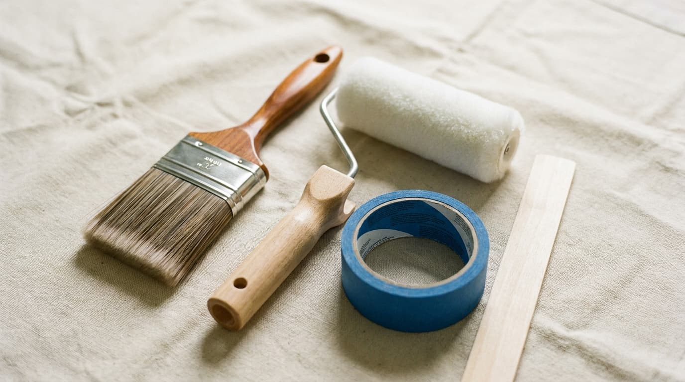 Professional painting tools arranged on drop sheet