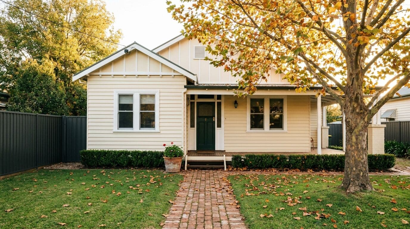 Freshly painted cream weatherboard bungalow with autumn plane tree