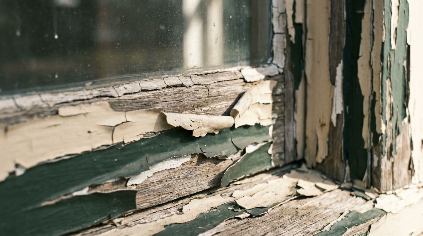Peeling paint layers on old timber window frame