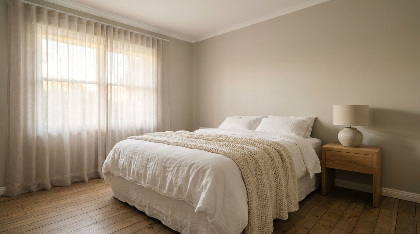 Serene bedroom painted in warm greige with white linen
