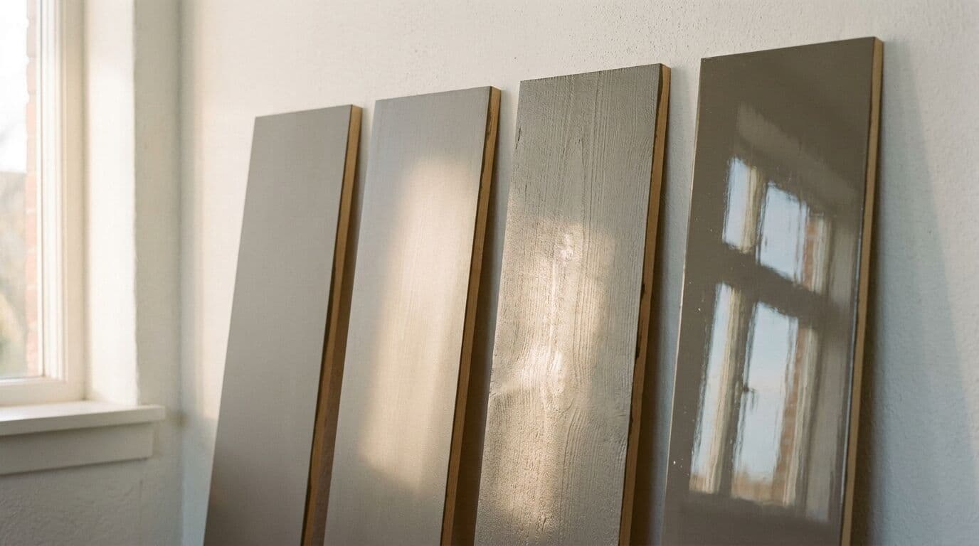 Four painted boards showing matte to gloss sheen progression