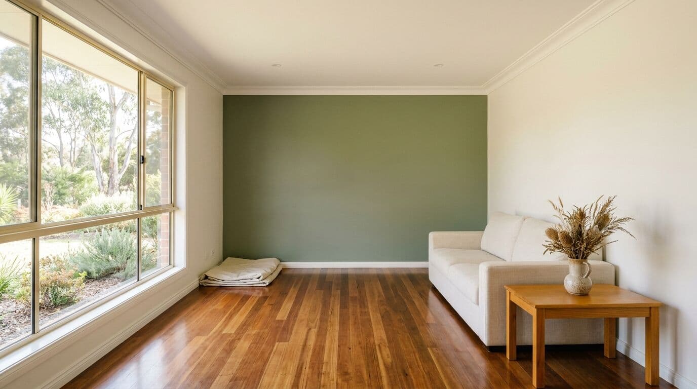 Freshly painted living room with sage feature wall and timber floors