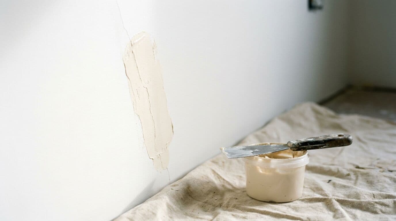 Fresh plaster filler applied over wall crack