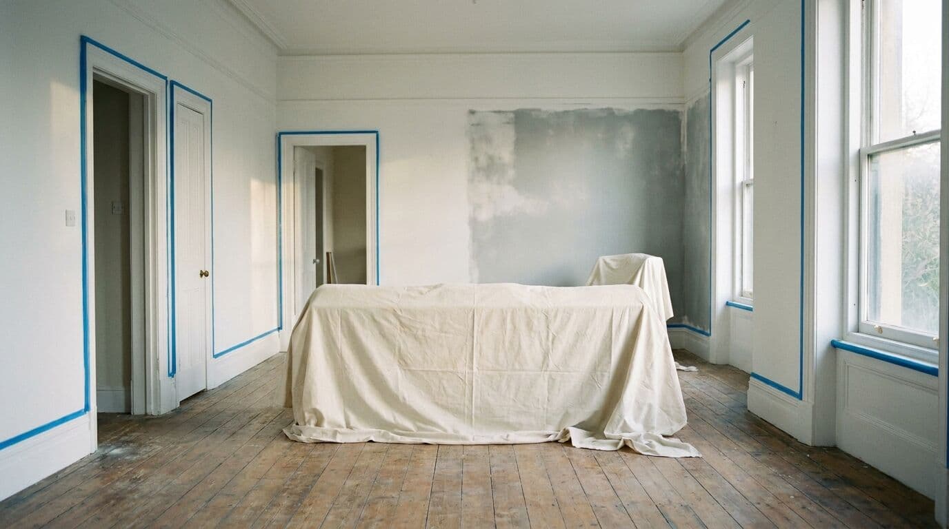 Room prepared for painting with drop sheets and blue tape