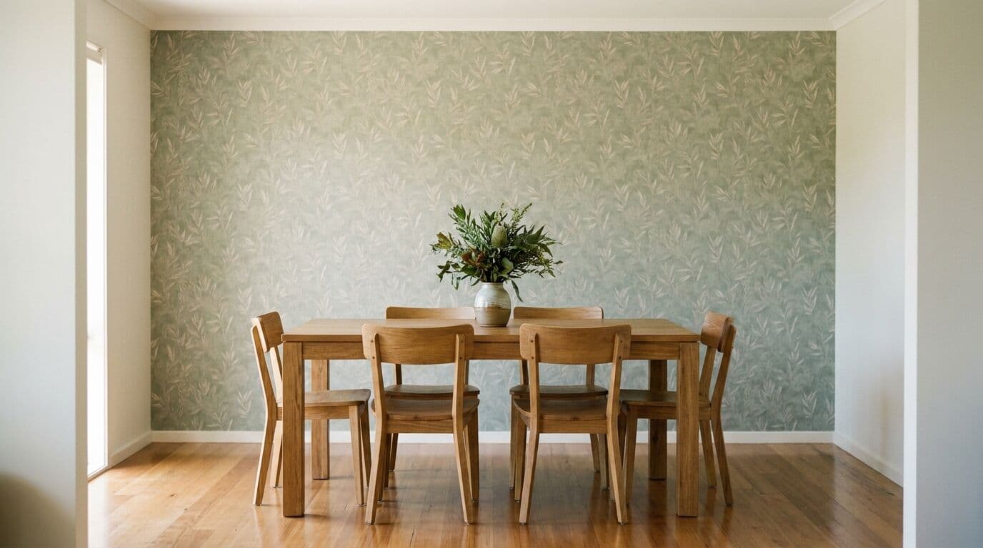 Dining room with botanical wallpaper feature wall