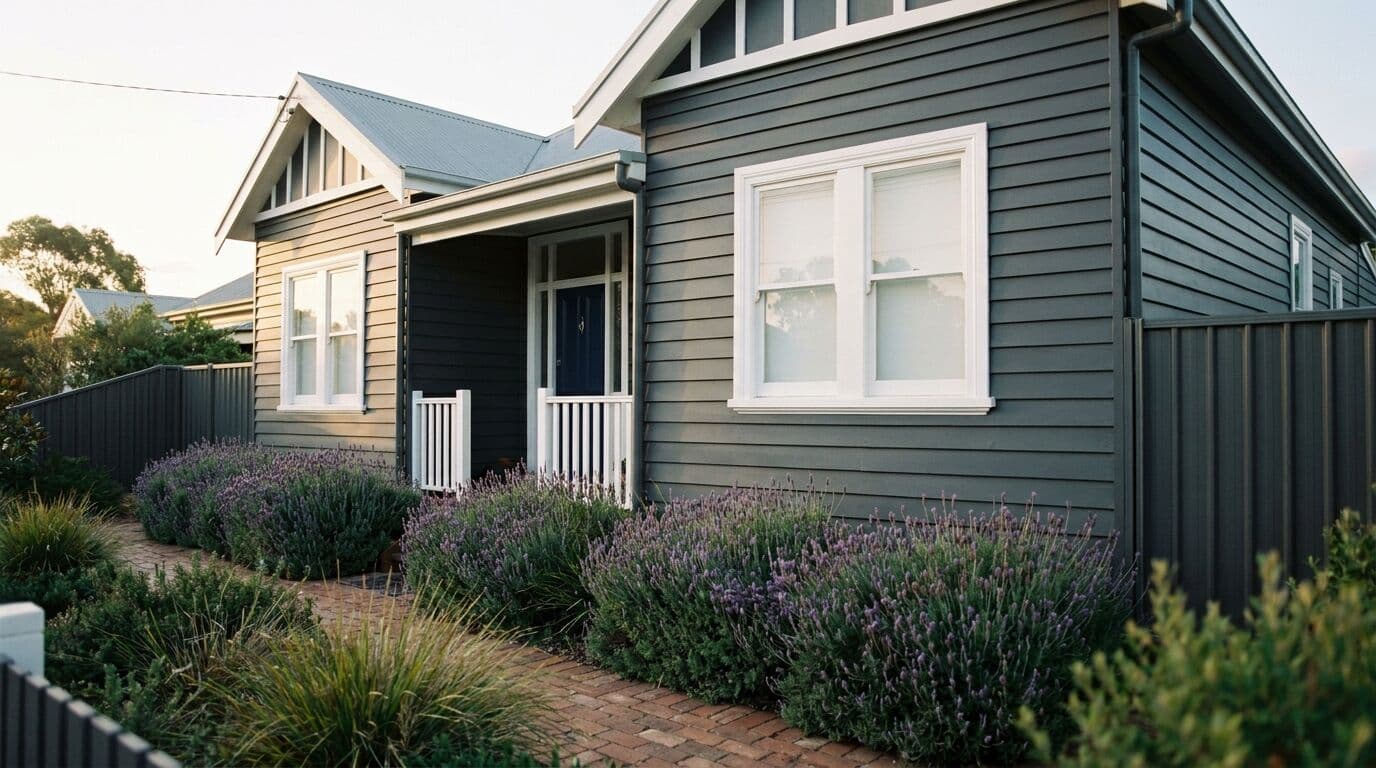 Charcoal grey weatherboard home with white trim and navy door