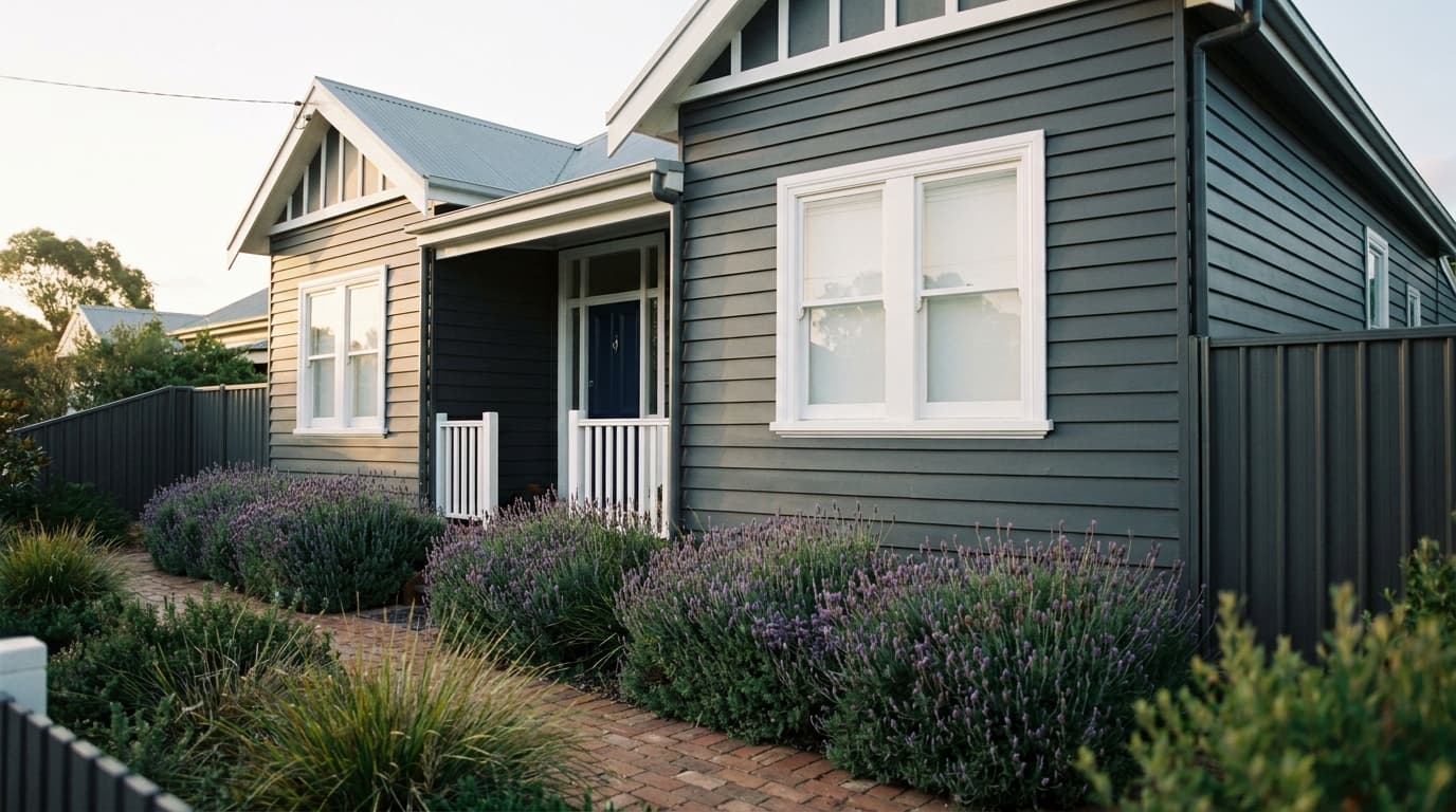 Charcoal grey weatherboard home with white trim and navy door
