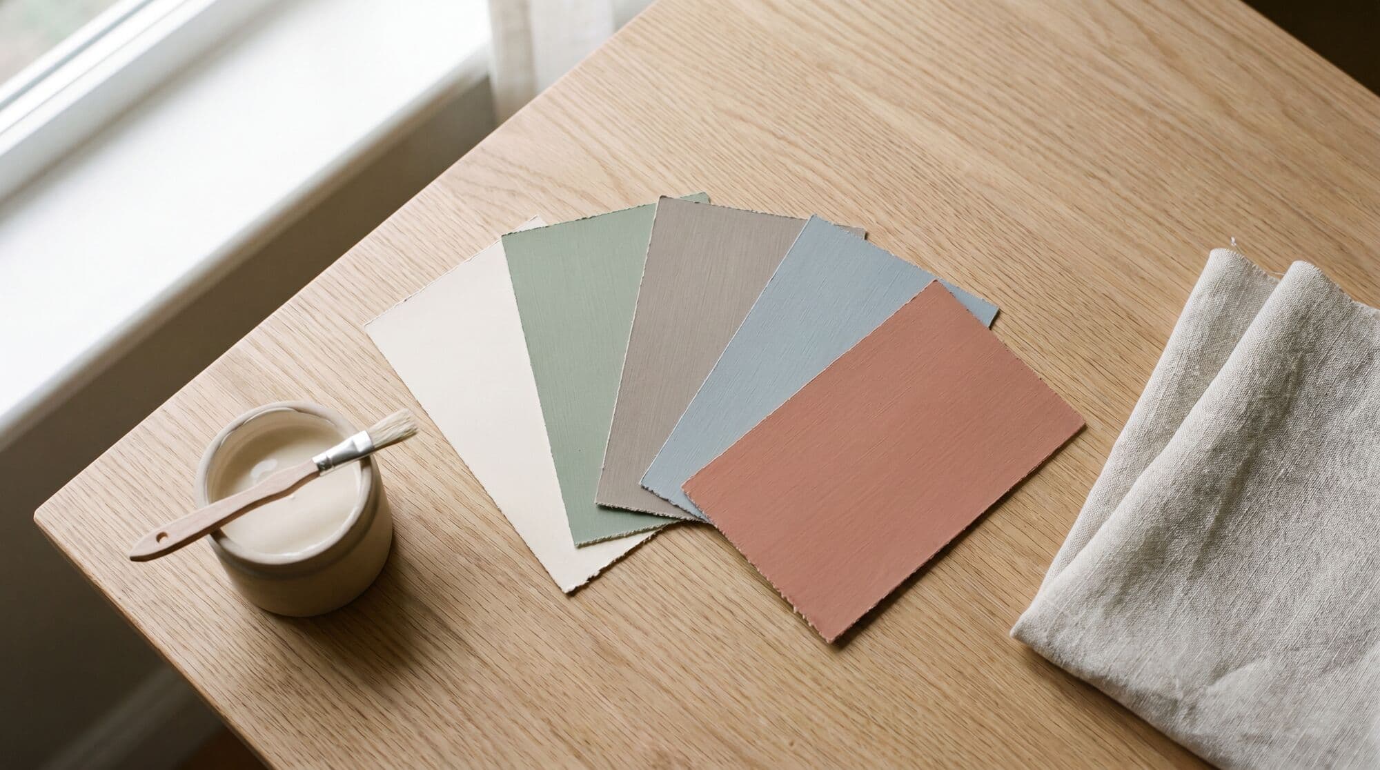 Paint colour swatches in heritage tones arranged on a light timber tabletop with sample pot