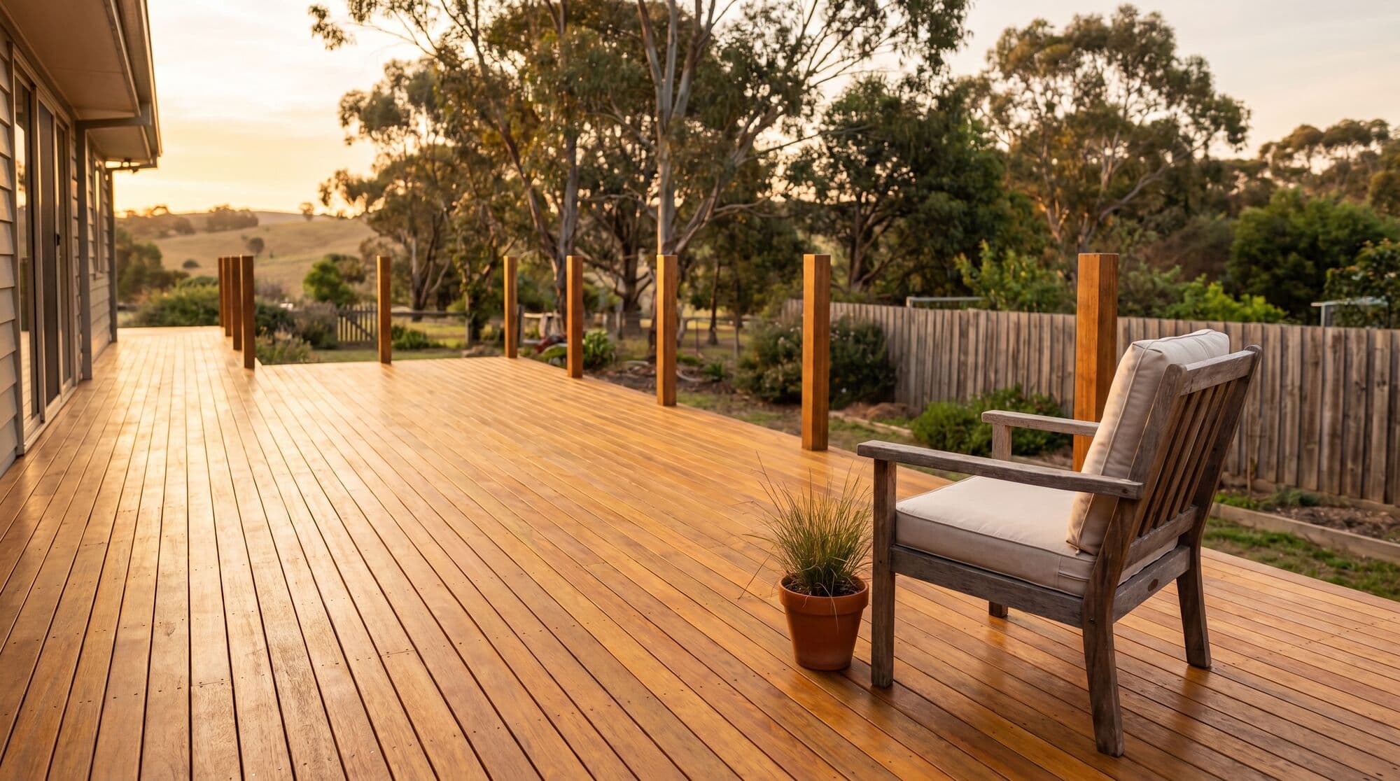 Freshly oiled spotted gum timber deck at golden hour with country garden and rolling hills behind