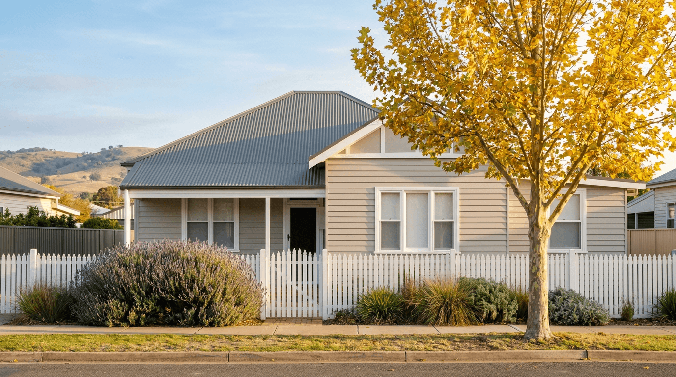 Freshly painted grey weatherboard cottage with white trim, picket fence, autumn tree in a Central West NSW street