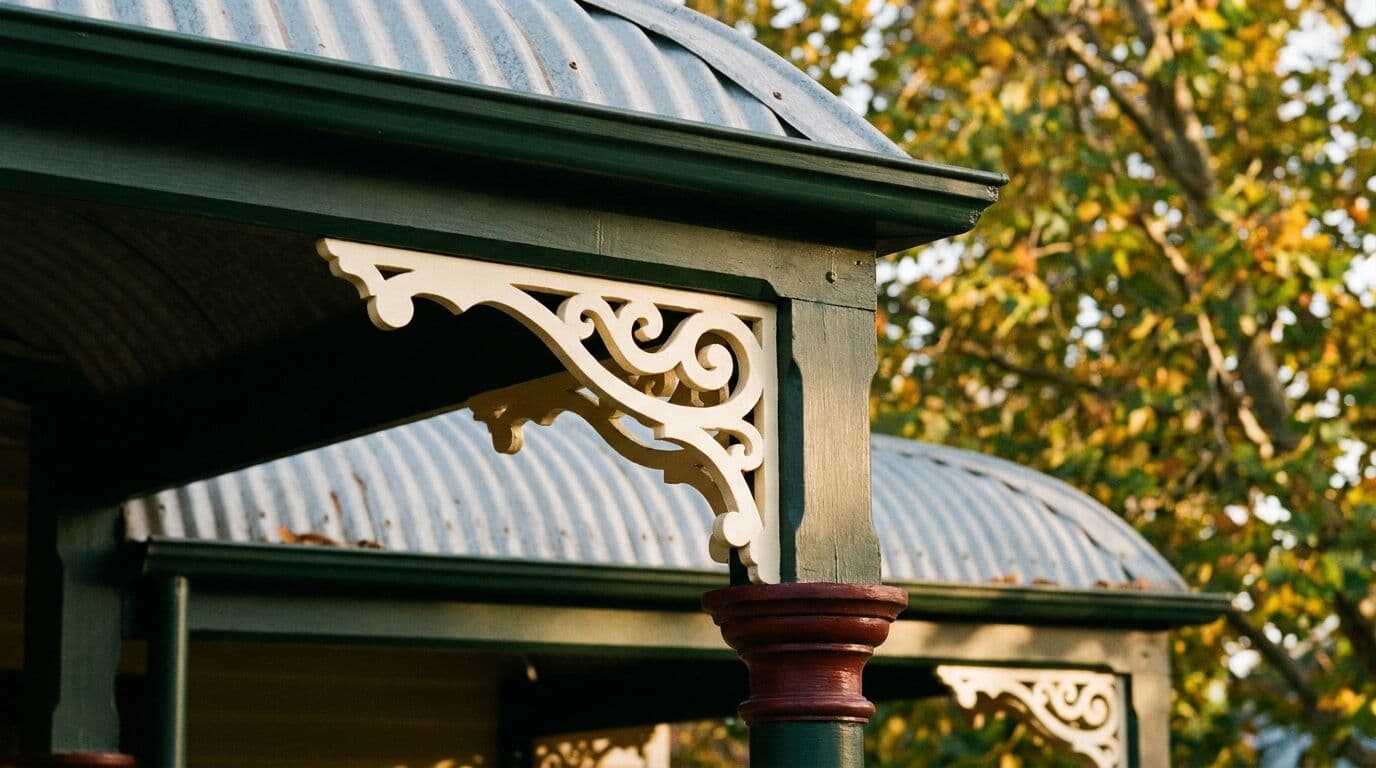 Close-up of freshly painted federation timber fretwork in heritage green, cream and oxblood