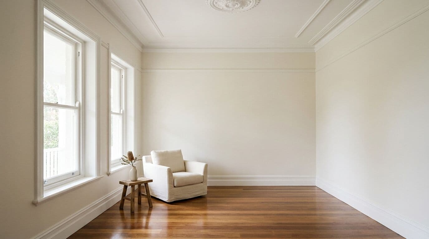 Freshly painted federation living room with warm off-white walls, ceiling rose, polished spotted gum floors