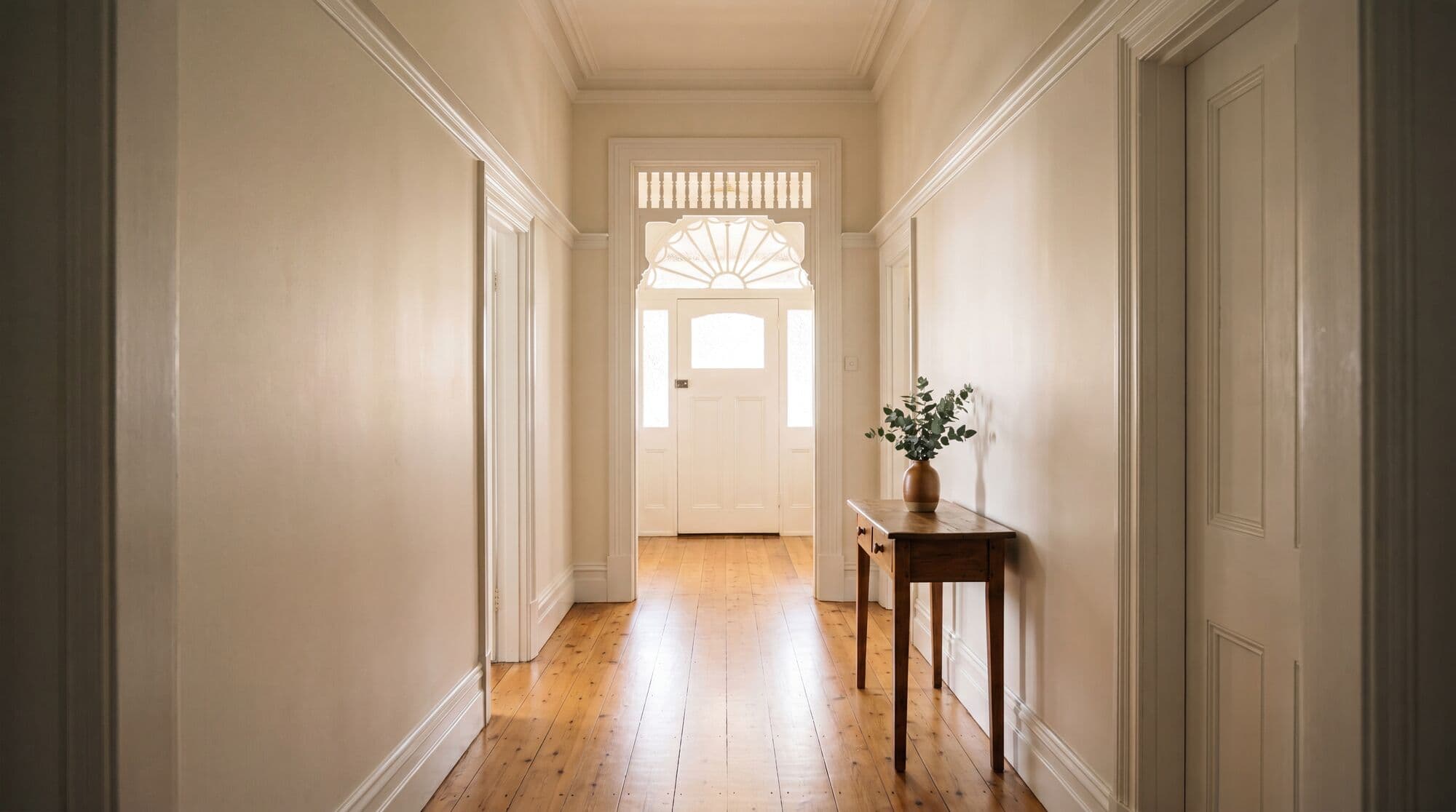 Freshly painted federation hallway with warm off-white walls, deep timber architraves and polished hardwood floors