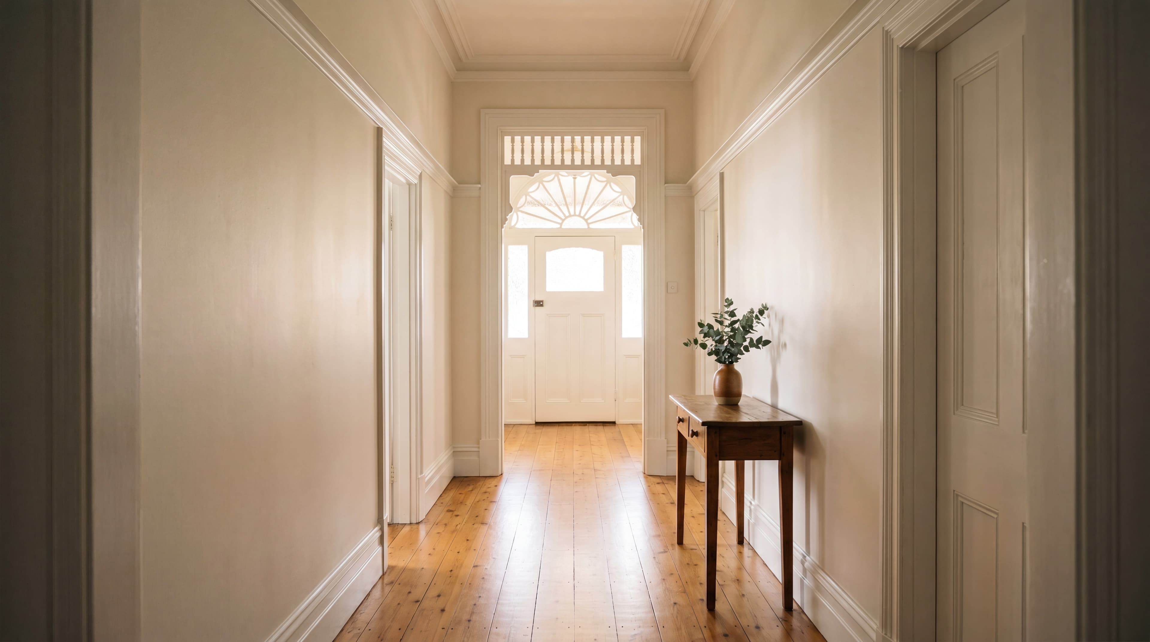 Freshly painted federation hallway with warm off-white walls, deep timber architraves and polished hardwood floors